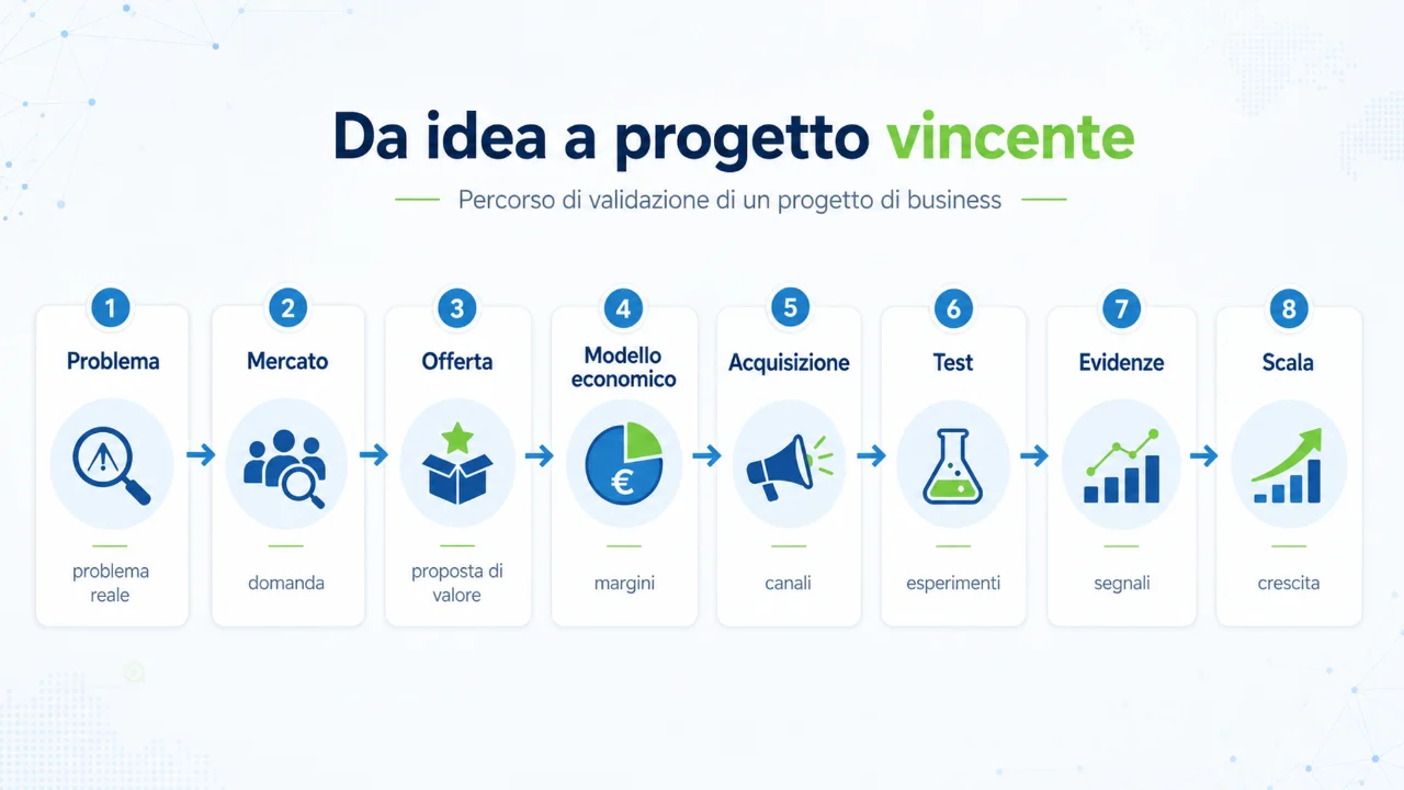 Come trasformare un’idea in un progetto di business vincente: dalla validazione ai primi clienti 2 Percorso di validazione di un progetto di business: problema, mercato, offerta, modello economico, acquisizione, test, evidenze e scala