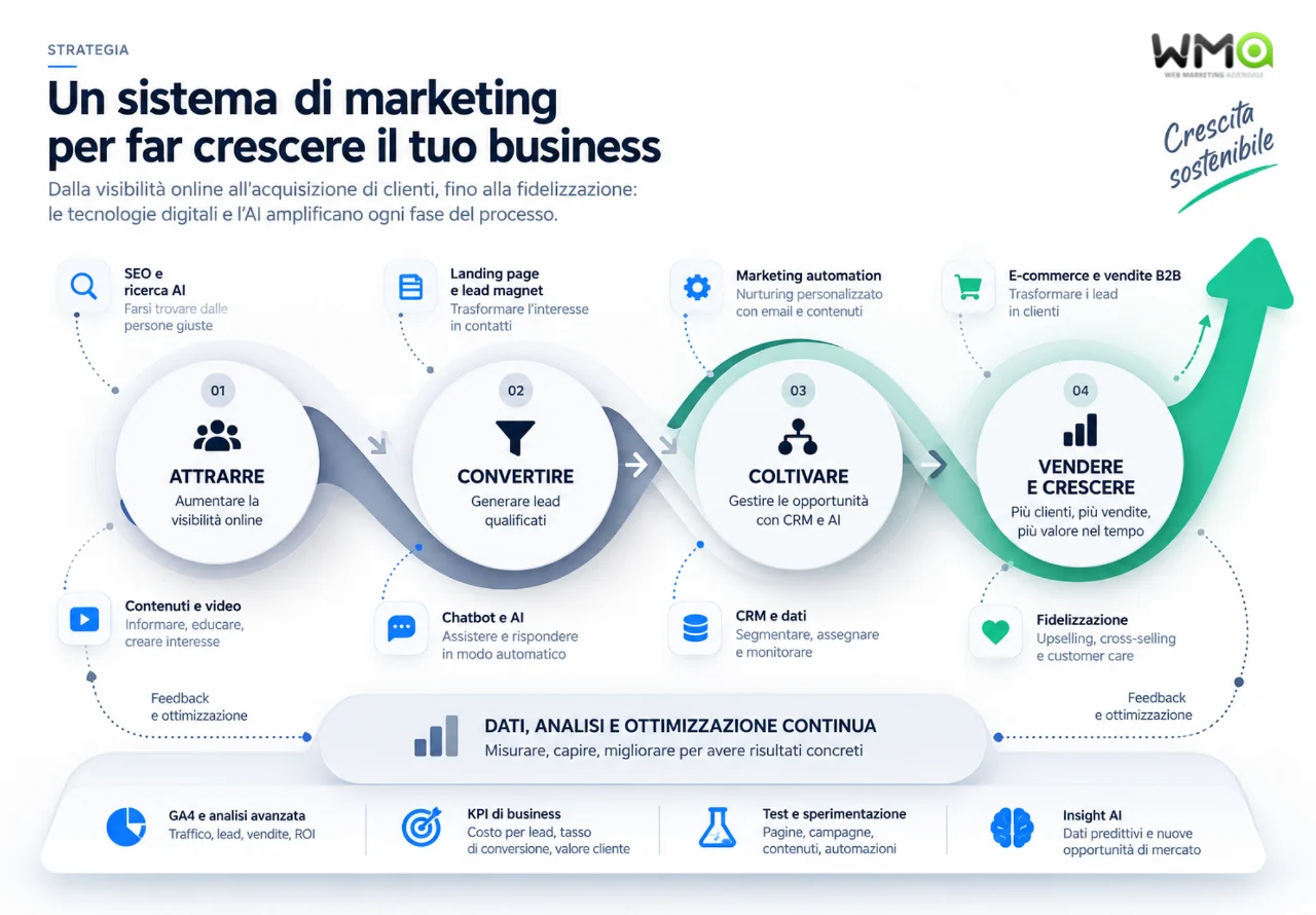 Le nuove frontiere del marketing aziendale: AI, ricerca digitale e strategie di crescita 2 Diagramma delle quattro fasi del marketing aziendale: attrarre, convertire, coltivare i contatti e aumentare le vendite, con AI, CRM e analisi dei dati.
