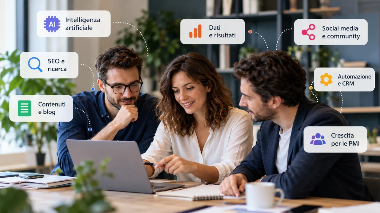 Le nuove frontiere del marketing aziendale: AI, ricerca digitale e strategie di crescita 4 Team di marketing al lavoro su strategie digitali che integrano intelligenza artificiale, SEO, automazione e analisi dei dati.