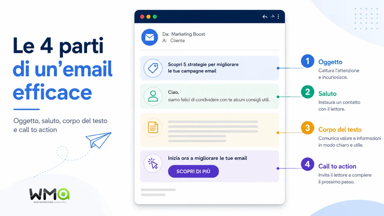 Come scrivere un’email efficace: le 4 parti fondamentali 11 Le 4 parti di un’email efficace: oggetto, saluto, corpo del testo e call to action