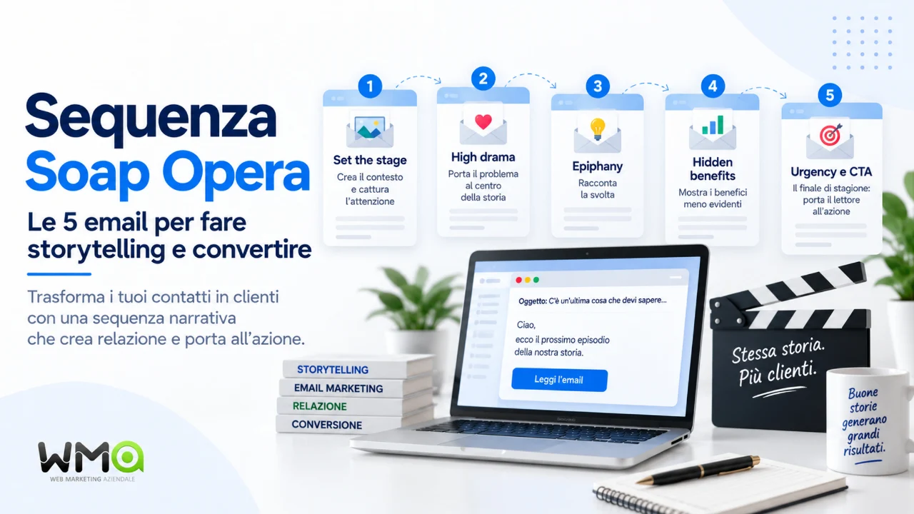 Sequenza Soap Opera: le 5 email per fare storytelling e convertire 2 Sequenza Soap Opera con 5 email: set the stage, high drama, epiphany, hidden benefits e urgency con CTA