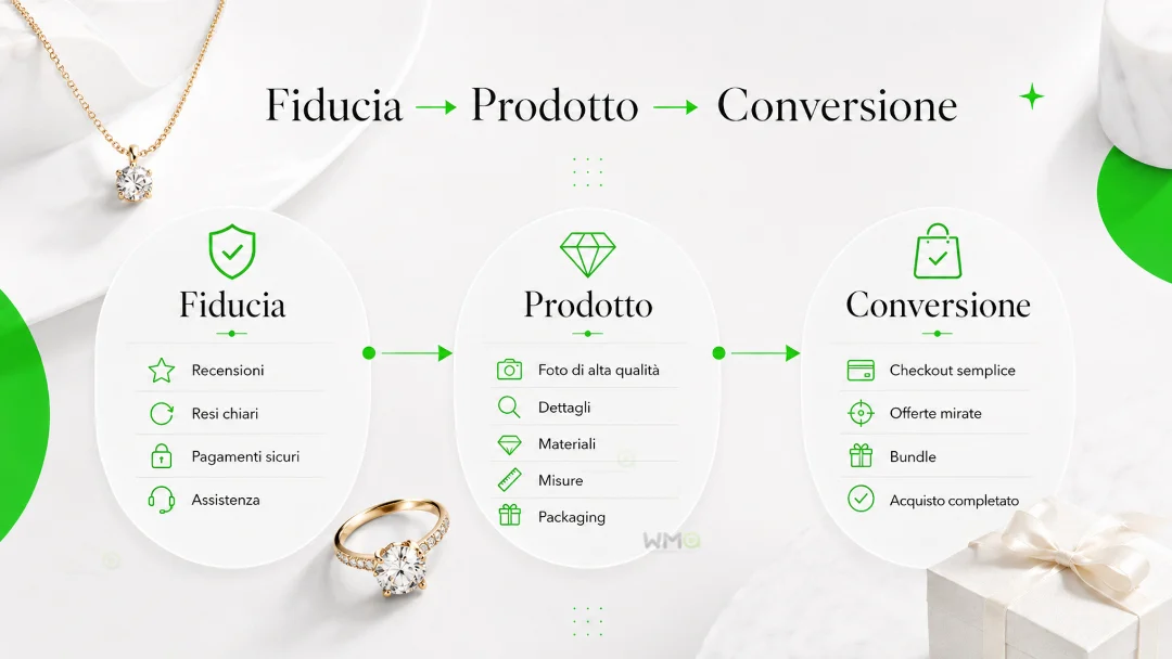 eCommerce di gioielli: strategie di marketing per vendere online con più fiducia, valore e continuità 11 Schema fiducia prodotto conversione per eCommerce di gioielli