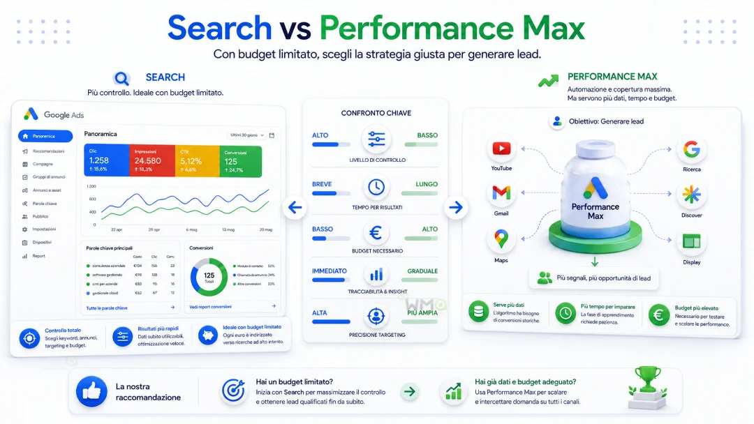 Search vs Performance Max per lead generation con Google Ads