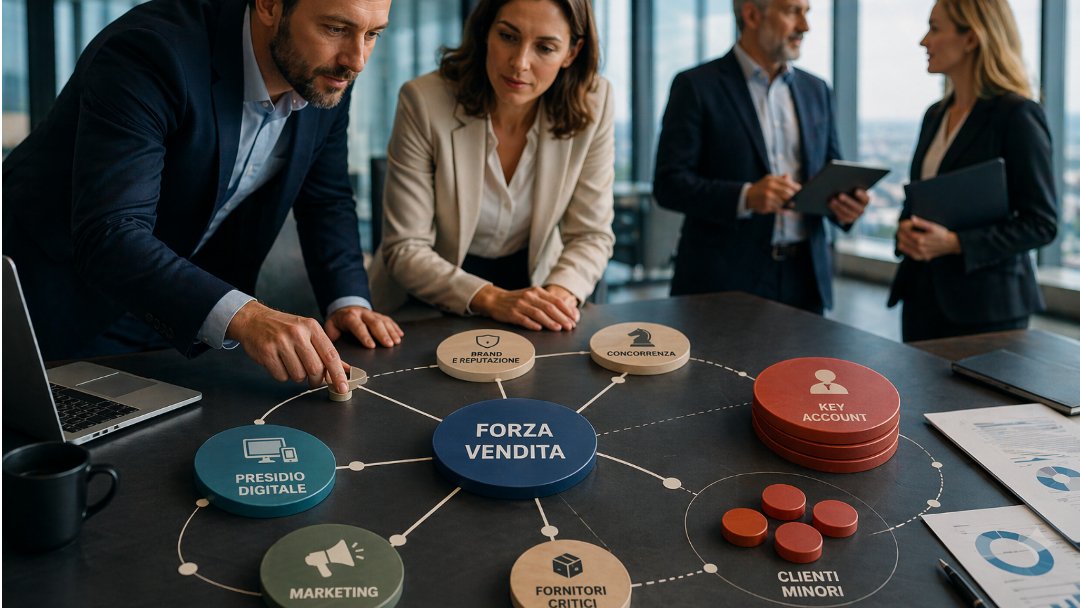Manager e team in ufficio analizzano una mappa strategica con forza vendita, marketing e presidio digitale