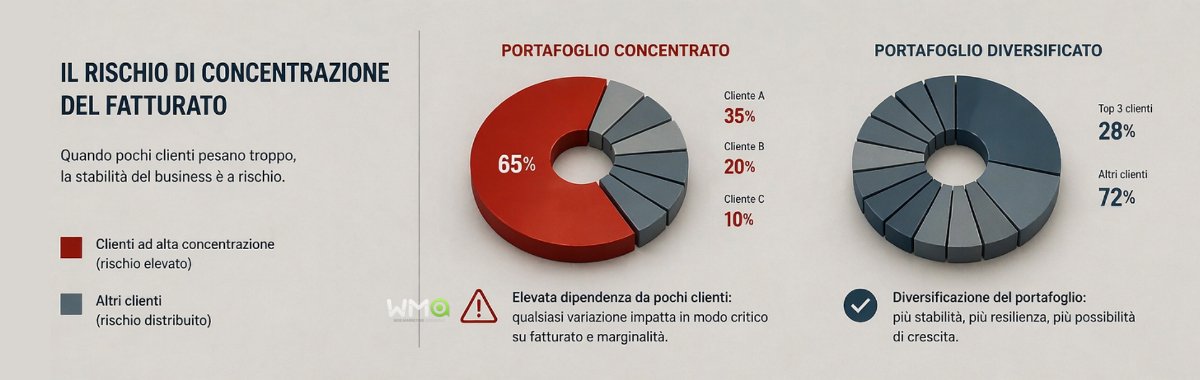 Infografica sul rischio di concentrazione del fatturato con confronto tra portafoglio clienti concentrato e portafoglio diversificato
