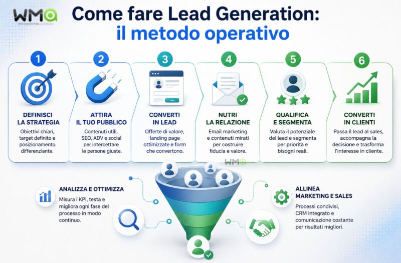 Lead Generation: cos’è, come funziona e come generare clienti 5 Come fare Lead Generation: il metodo operativo Infografica