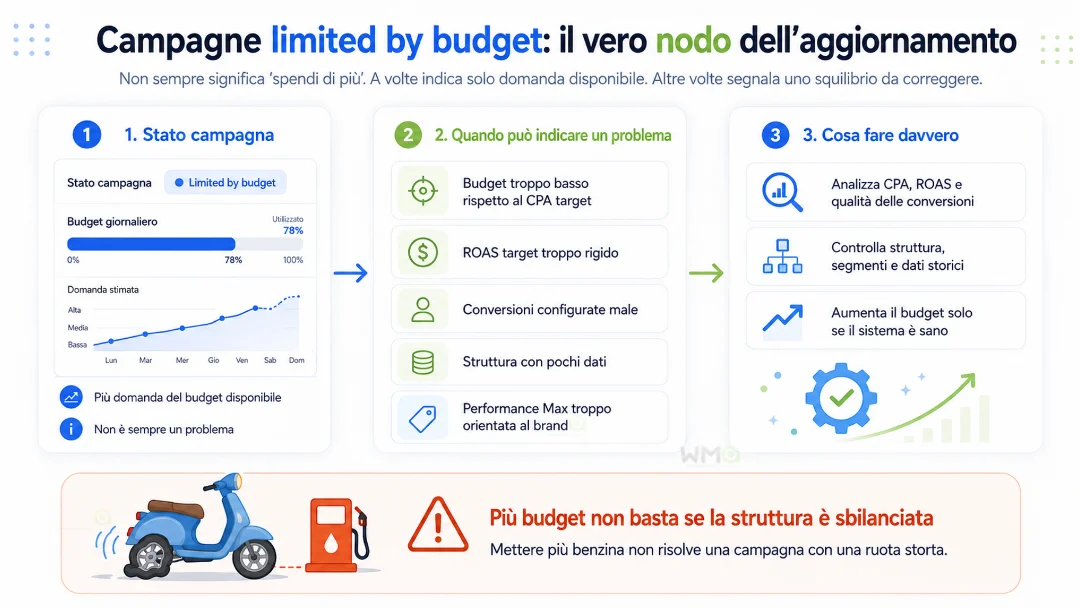 Google Ads, Smart Bidding e budget limitato: cosa cambia per CPA, ROAS e Performance Max 6 Infografica Google Ads sulle campagne limited by budget e sui controlli da fare prima di aumentare il budget