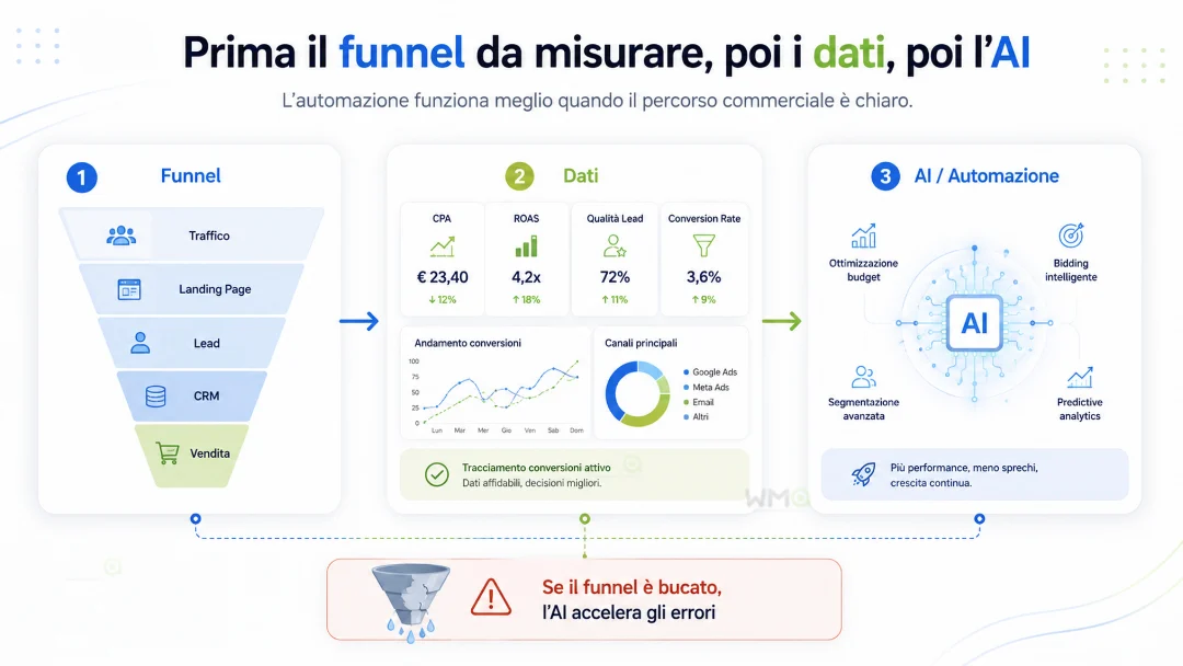 Google Ads, Smart Bidding e budget limitato: cosa cambia per CPA, ROAS e Performance Max 5 Schema del metodo WMA: funnel commerciale, dati corretti e AI per ottimizzare le campagne Google Ads