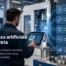 Tecnico industriale utilizza un tablet accanto a un macchinario, con rappresentazione delle applicazioni AI per manutenzione, ricambi e assistenza.